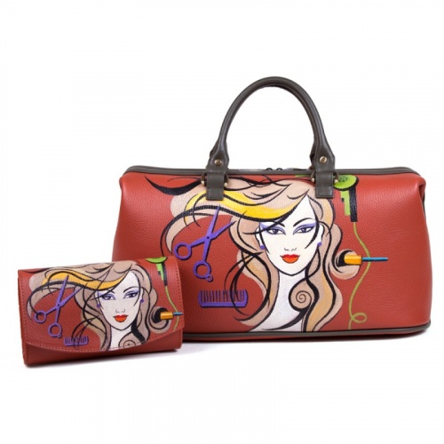 Женский кожаный комплект "Салон красоты" – сумка и кошелек с росписью фото