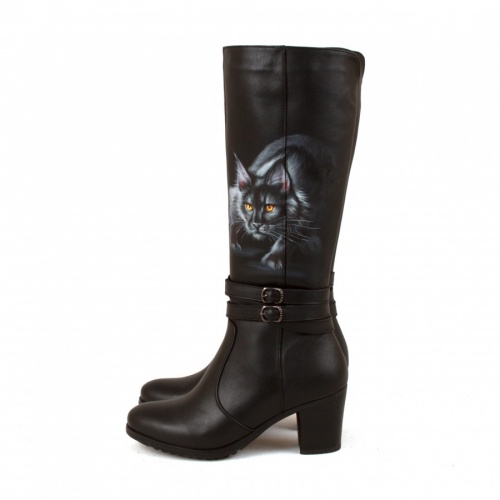 Элегантные женские сапоги с росписью "Кошка охотница" - кожаные и замшевые женские сапоги ручной работы с рисунком на заказ | Sumnizza