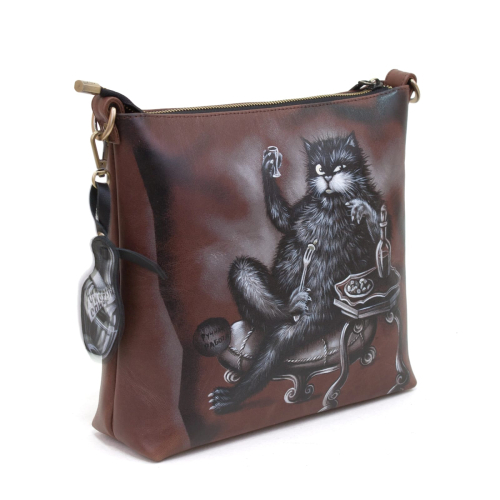 Женская кожаная сумка через плечо с рисунком ручной работы "Кот Бегемот" — кросс боди с принтом на заказ фото 3