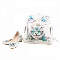 Комплект балетки и рюкзак "Чеширское чаепитие" — женский кожаный набор туфли и сумка ручной работы с рисунком