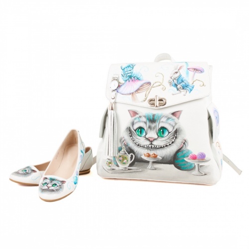 Комплект балетки и рюкзак "Чеширское чаепитие" - кожаный женский набор рюкзак и ботинки ручной работы с рисунком |  Sumnizza