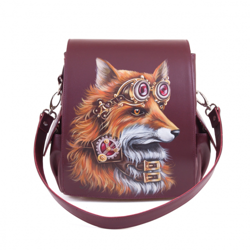 Кожаная сумка рюкзак с росписью "Лиса пилот" ручной работы с рисунком и вышивкой на заказ
 фото 4