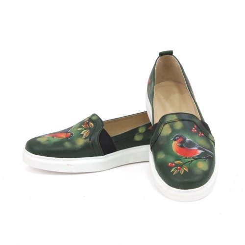 Слипоны с белой подошвой с росписью "Красногрудые снегири" - кожаные женские кеды и слипоны ручной работы с рисунком на заказ | Sumnizza фото 6