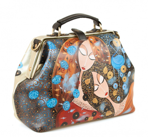 Кожаная сумка-саквояж с рисунком девушек "Встреча" — женская кожаная сумка саквояж ручной работы с рисунком и вышивкой на заказ фото 3