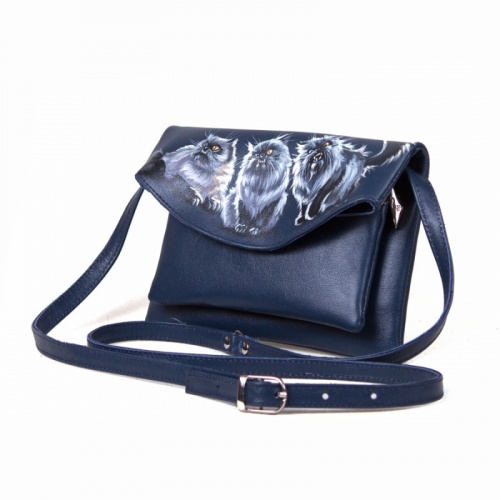 Женская кожаная сумка через плечо с рисунком ручной работы "Злые коты" на заказ - женская кожаная сумка ручной работы с авторским рисунком фото 2