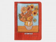 Именная обложка на паспорт "Подсолнухи в вазе" — женский кожаный кошелек-портмоне ручной работы с рисунком на заказ