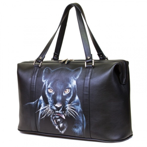 Дорожная кожаная сумка для ручной клади "Пантера" - с рисунком ручной работы на заказ фото 2