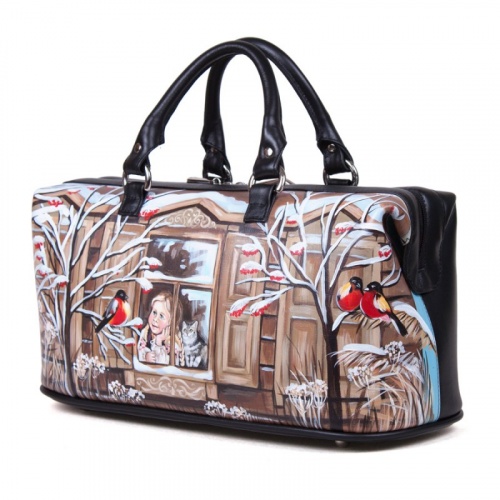 Саквояж ручной работы с росписью "Девочка с котом" - кожаный дорожный саквояж ручной работы с рисунком на заказ |  Sumnizza фото 2