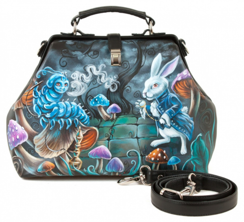 Сумочка саквояж с рисунком ручной работы "Кролик и гусеница" — женская кожаная сумка саквояж ручной работы с рисунком и вышивкой на заказ