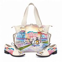 Комплект полуботинки и сумка шоппер "Питерские коты" — женский кожаный набор туфли и сумка ручной работы с рисунком