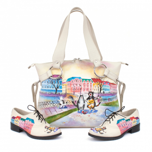 Комплект полуботинки и сумка шоппер "Питерские коты" - кожаный женский набор рюкзак и ботинки ручной работы с рисунком |  Sumnizza