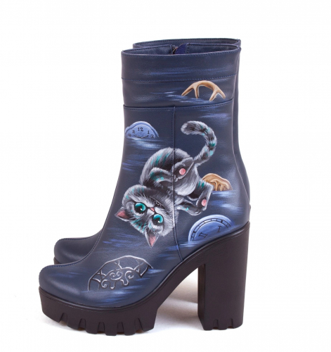 Комплект кожаные полусапоги и рюкзак "Чеширский кот" - кожаный женский набор рюкзак и ботинки ручной работы с рисунком |  Sumnizza фото 3